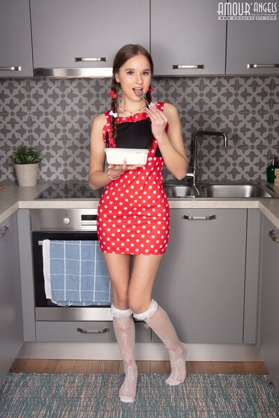 Red Polka Dot Kitchen Tease With Deliria In Lace Stockings - photo 01