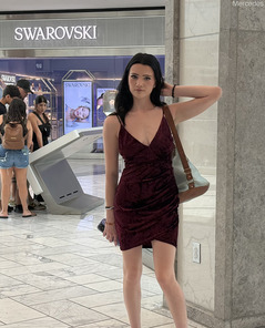 Mercedes Stripping From Red Velvet Dress In Bathroom Shoot