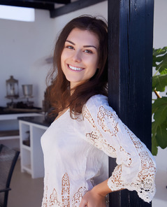 Andrea Slowly Strips Outdoors In Sheer Lace Dress