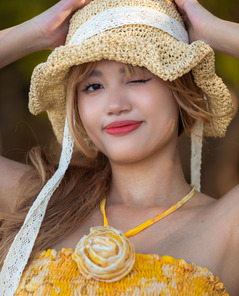 Danny In Yellow Summer Top And Hat Posing Nude On The Beach