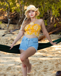 Danny In Yellow Summer Top And Hat Posing Nude On The Beach