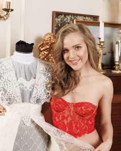Xenia Undressing From Red Lace Lingerie In Elegant Bedroom
