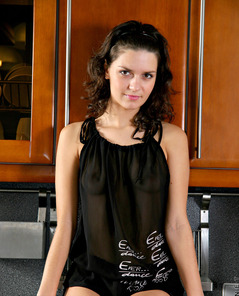 Debra Sensual Strip In Black Nightie In The Kitchen