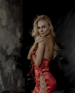 JenniferQ Seduces In Red Satin Lingerie Before A Sultry Strip