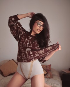 Aymi Posing Nude In Bed Wearing Cozy Sweater And White Lingerie