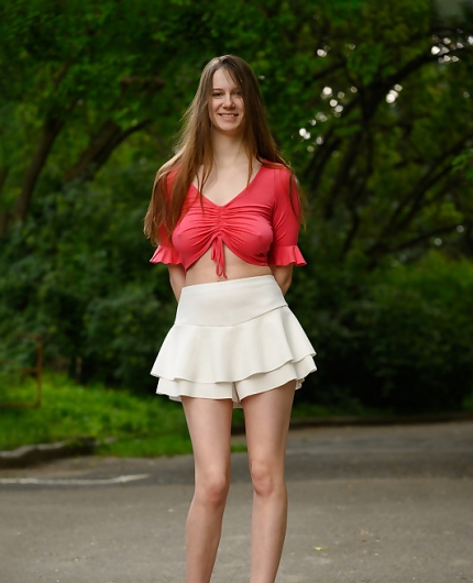 Jupiter Stassy Flashing In Red Top And White Skirt