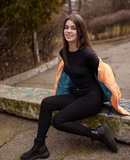 Related gallery Danna Bliss Outdoor Tease In Black Outfit And Orange Jacket Scene