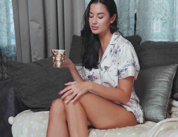 Victoria Mur In Sexy Silk Pajamas With Cozy Sofa Morning Light Mood