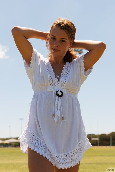 Playful Afternoon With Lila Love In A White Summer Dress Outdoors - photo 09